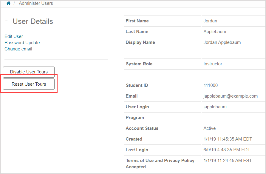 The "Reset User Tours" button is under the "Disable User Tourl" button.